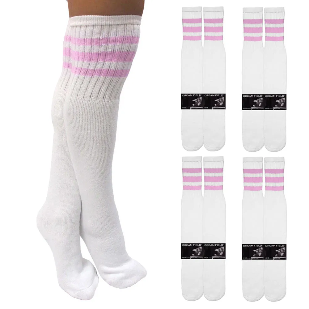 4 Pairs Knee High White Tube Socks Pink Stripe Cotton Long Athletic Sports 10-15