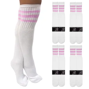 4 Pairs Knee High White Tube Socks Pink Stripe Cotton Long Athletic Sports 10-15