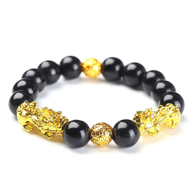 Feng Shui Pixiu Obsidian Stone Beads Bracelet Beaded Pi Xiu Dragon Lucky Charm