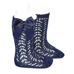 Navy Blue Knee High Open Weave Spanish Bow Socks