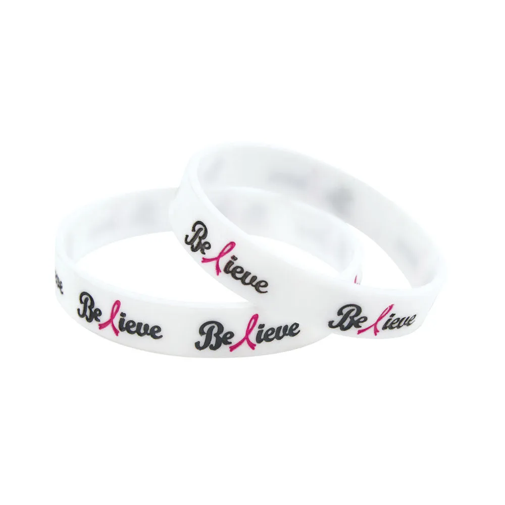 Silicone Wristbands Color Filled Debossed 1/2" Believe Design - White (100/Pack)