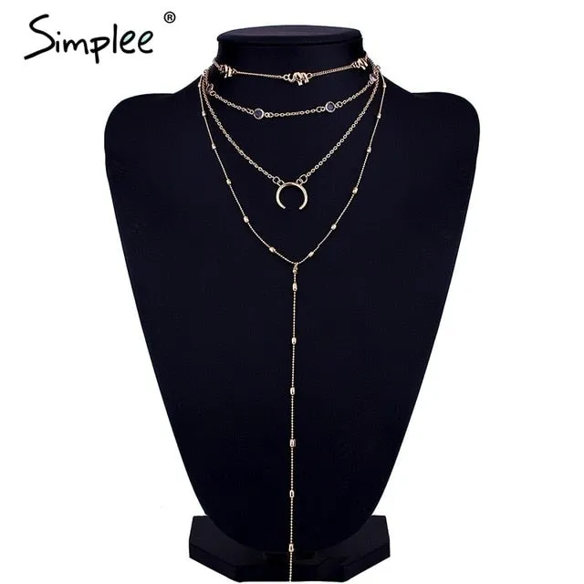 Simplee Chic moon multilayer statement necklace Trendy styles silvery necklace long fine jewelry Women