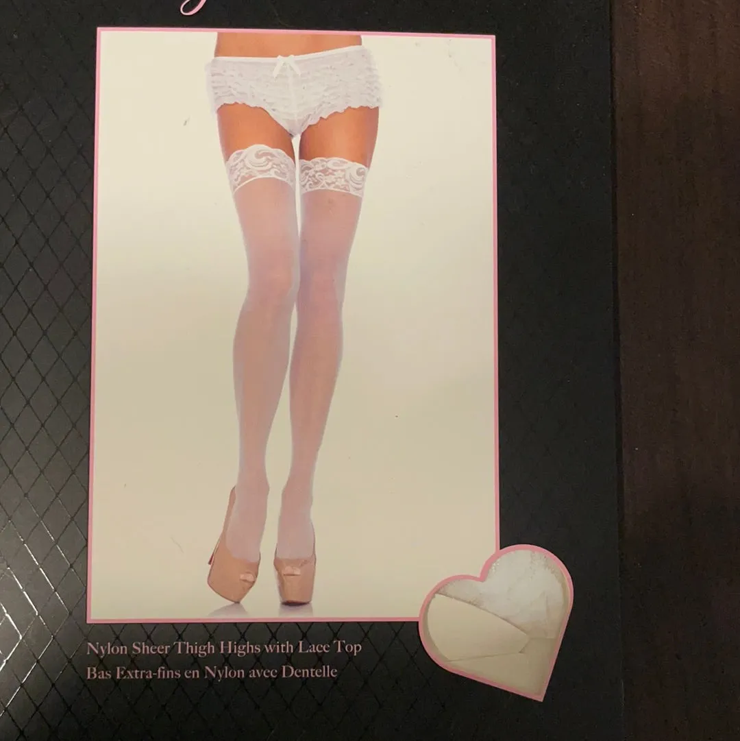 Womens One Size Leg Avenue Sheer Thigh High Stockings Lace Band White Style 1011