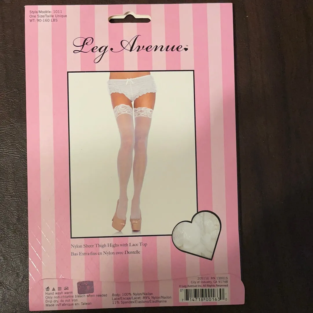 Womens One Size Leg Avenue Sheer Thigh High Stockings Lace Band White Style 1011